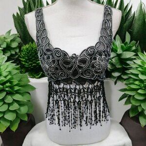 SAM U.S.A Black Lace Bra Top – Embroidered Fringe Detail, Adjustable Bust Size S